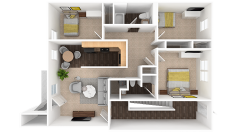 Floor plan for 3 beds, 2 baths, 1023 sqft